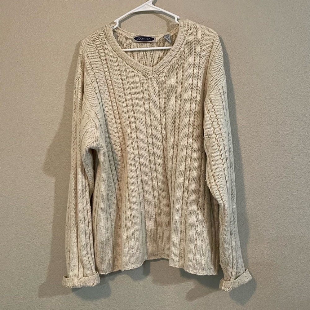 Vtg Express Men's Cream Knit V-Neck Sweater